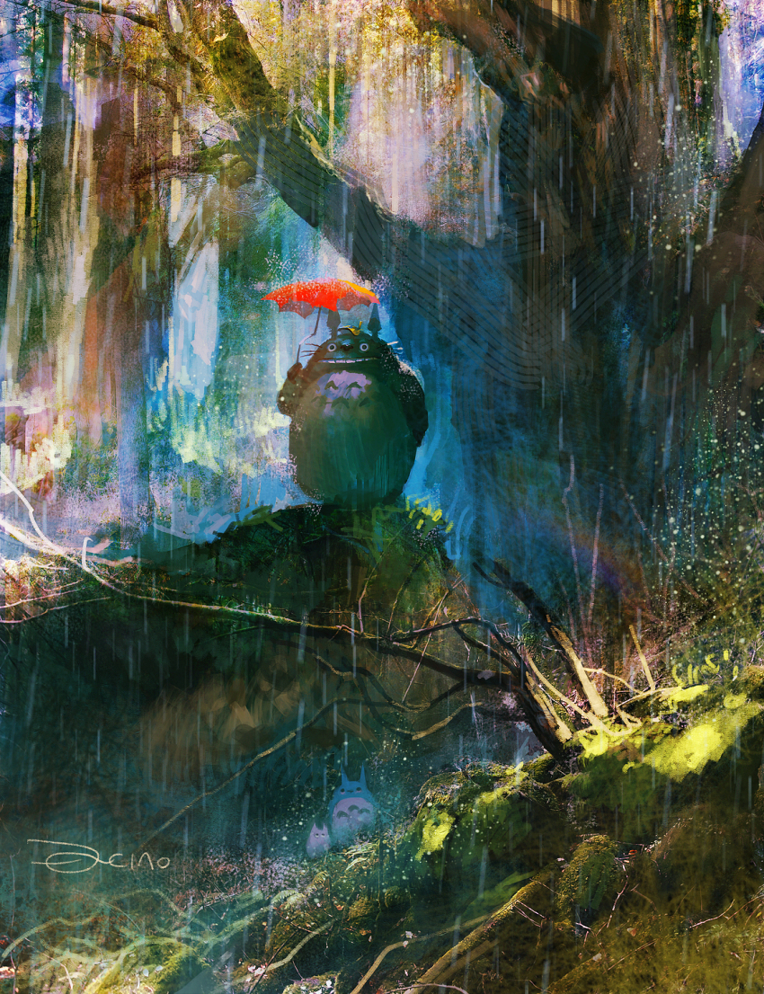 branch dannoura_yuuki day fallen_tree forest full_body highres holding holding_umbrella leaf leaf_on_head light_rays looking_at_another looking_at_viewer looking_up moss nature no_humans outdoors parted_lips rain rainbow red_umbrella scenery signature standing teeth tonari_no_totoro totoro tree umbrella whiskers wide_shot