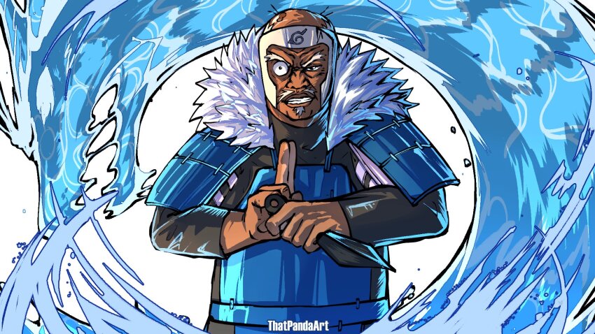 armor bald cosplay crossed_legs dark-skinned_male dark_skin facial_hair fur_collar goatee highres hokage kunai mustache naruto_(series) senju_tobirama senju_tobirama_(cosplay) that_one_panda the_boondocks uncle_ruckus upper_body water weapon what