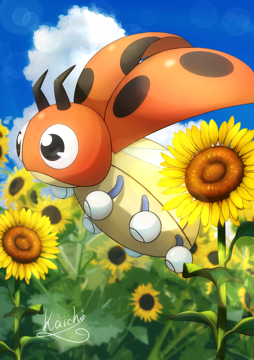 absurdres black_eyes cloud commentary_request day flower flying from_side gen_2_pokemon highres kaichi_(tomiyu25) ledyba lens_flare nintendo no_humans outdoors pokemon pokemon_(creature) signature sky sunflower
