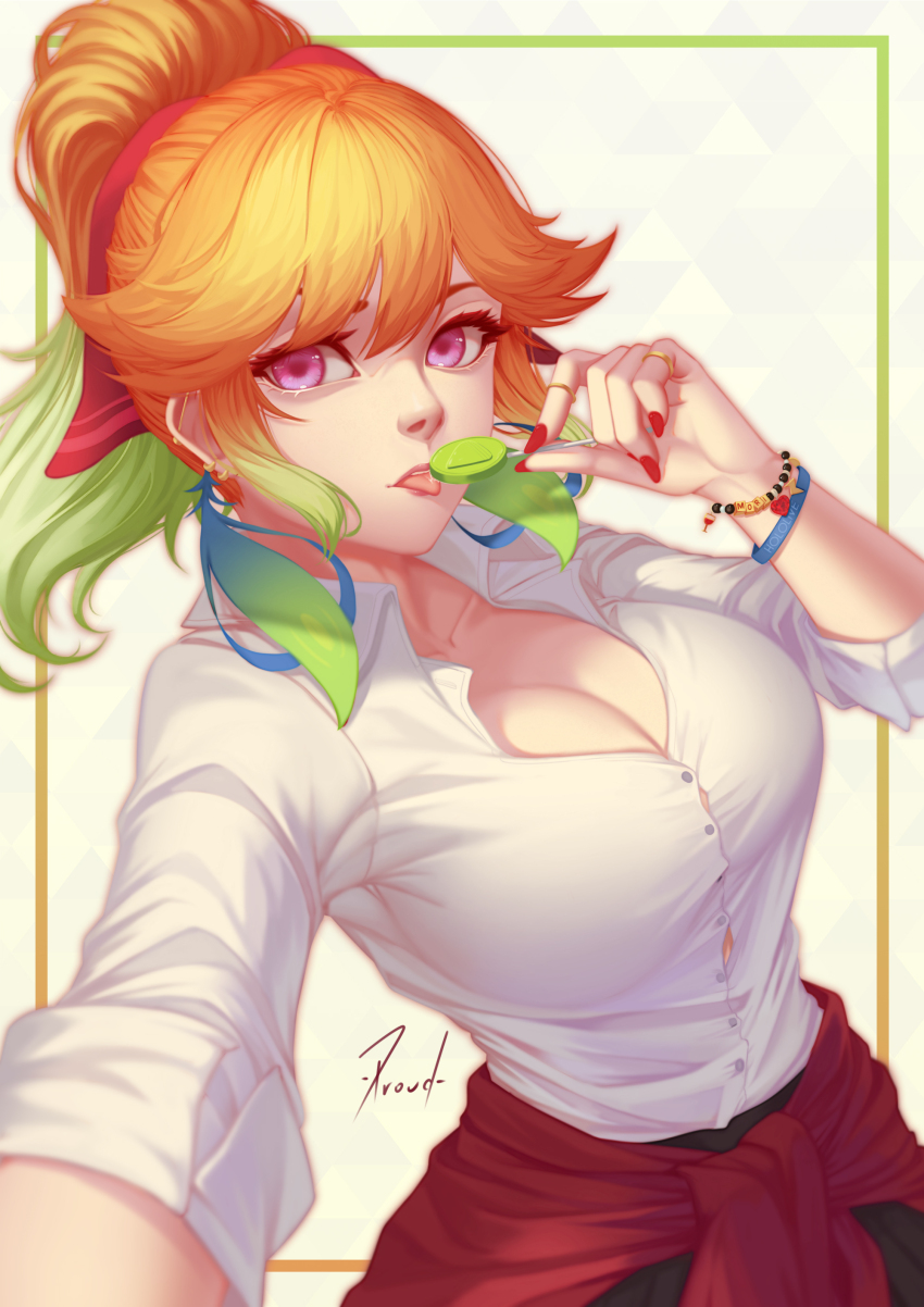 1girl absurdres alternate_costume applying_manicure breasts candy clothes_around_waist fingernails food highres hololive hololive_english large_breasts licking lips lollipop nail_polish nails oakproud orange_hair pink_eyes sharp_fingernails shirt sweater sweater_around_waist t-shirt takanashi_kiara tongue tongue_out virtual_youtuber