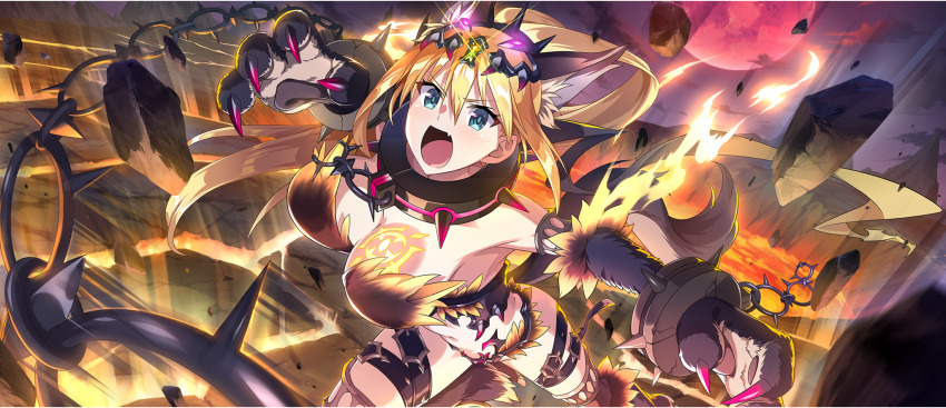 1girl animal_ear_fluff animal_ears animal_hands belt blonde_hair blue_eyes bracelet breast_tattoo breasts bustier chain circlet cleavage collar darkness_(konosuba) debris fang fur-trimmed_panties fur_trim game_cg hair_between_eyes highres incoming_attack jewelry kemonomimi_mode kono_subarashii_sekai_ni_shukufuku_wo! konosuba!_fantastic_days large_breasts lava long_hair looking_at_viewer metal_collar moon multiple_belts navel official_alternate_costume official_art open_mouth panties ponytail red_moon sidelocks skin_fang solo spiked_bracelet spiked_collar spikes tail tattoo thigh_belt thigh_strap underwear v-shaped_eyebrows very_long_hair