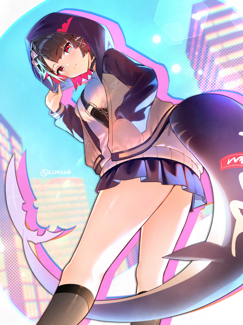 1girl azna black_hair black_skirt black_socks blue_sky breasts building collared_shirt colored_inner_hair commentary_request ellen_joe expressionless fanny_pack fins fish_tail from_below hair_ornament hand_in_pocket highres hood hooded_jacket jacket kneehighs looking_at_viewer miniskirt mole mole_under_eye multicolored_hair official_alternate_costume outdoors red_eyes red_hair shark_girl shark_tail shirt skirt sky socks solo tail twitter_username white_shirt zenless_zone_zero