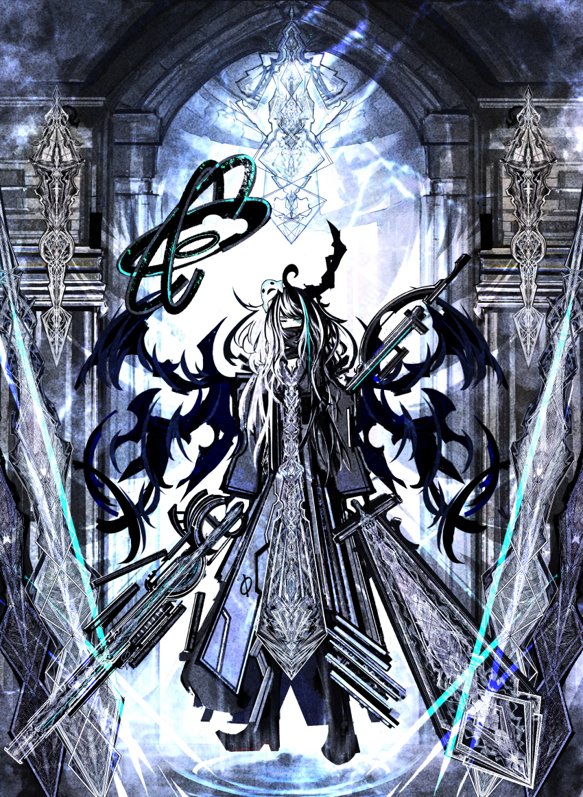 1girl absurdres animal animal_on_head black_hair breasts cleavage coat full_body glint highres holding holding_weapon horns huge_weapon indoors multicolored_hair null_symbol on_head original riz_kira single_horn solo standing two-tone_hair weapon white_hair