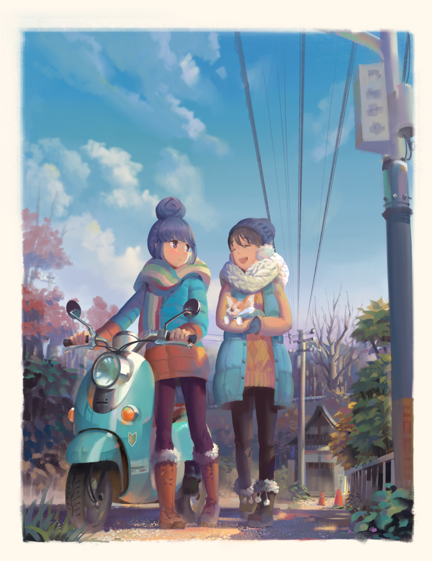 2girls :d bare_tree beanie black_legwear blush boots border brown_footwear brown_hair chikuwa_(yurucamp) closed_mouth cloud coat day dog dress fur_trim hair_between_eyes hair_bun hat highres looking_at_another motor_vehicle multiple_girls open_mouth outdoors pantyhose plant power_lines psi_(583278318) purple_legwear saitou_ena scarf scooter shima_rin shoshinsha_mark single_hair_bun sky slice_of_life smile striped_clothes striped_coat striped_scarf sweater sweater_dress traffic_cone tree vest walking white_scarf yellow_sweater yurucamp