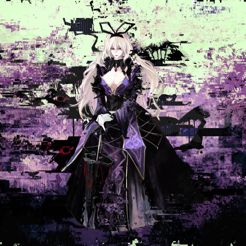 1girl absurdres alternate_costume black_corset black_hairband black_ribbon black_umbrella blonde_hair breasts breasts_apart brooch closed_umbrella commentary corset detached_collar dress full_body fur_trim gloves gown hair_between_eyes hair_ribbon hairband highres jewelry koumajou_densetsu koumajou_densetsu_2 large_breasts light_smile long_bangs long_hair long_sleeves oiviie own_hands_together ribbon solo standing touhou umbrella very_long_hair white_gloves wide_sleeves yakumo_yukari