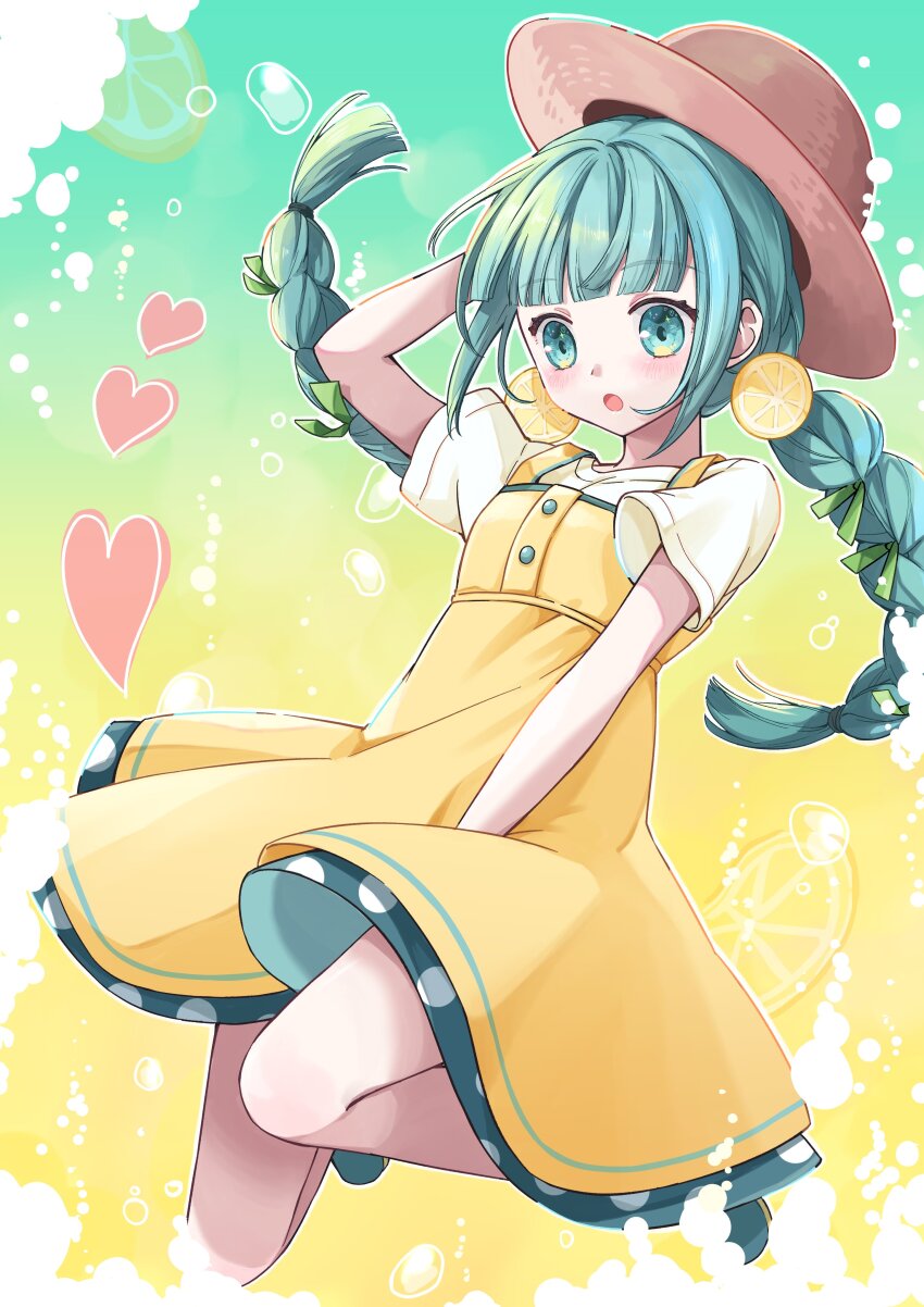 1girl absurdres blue_eyes blue_hair blush braid brown_headwear dress green_ribbon hair_ribbon hatsune_miku heart highres lemon_squash_(vocaloid) long_hair nagitofuu open_mouth ribbon solo twin_braids vocaloid yellow_dress