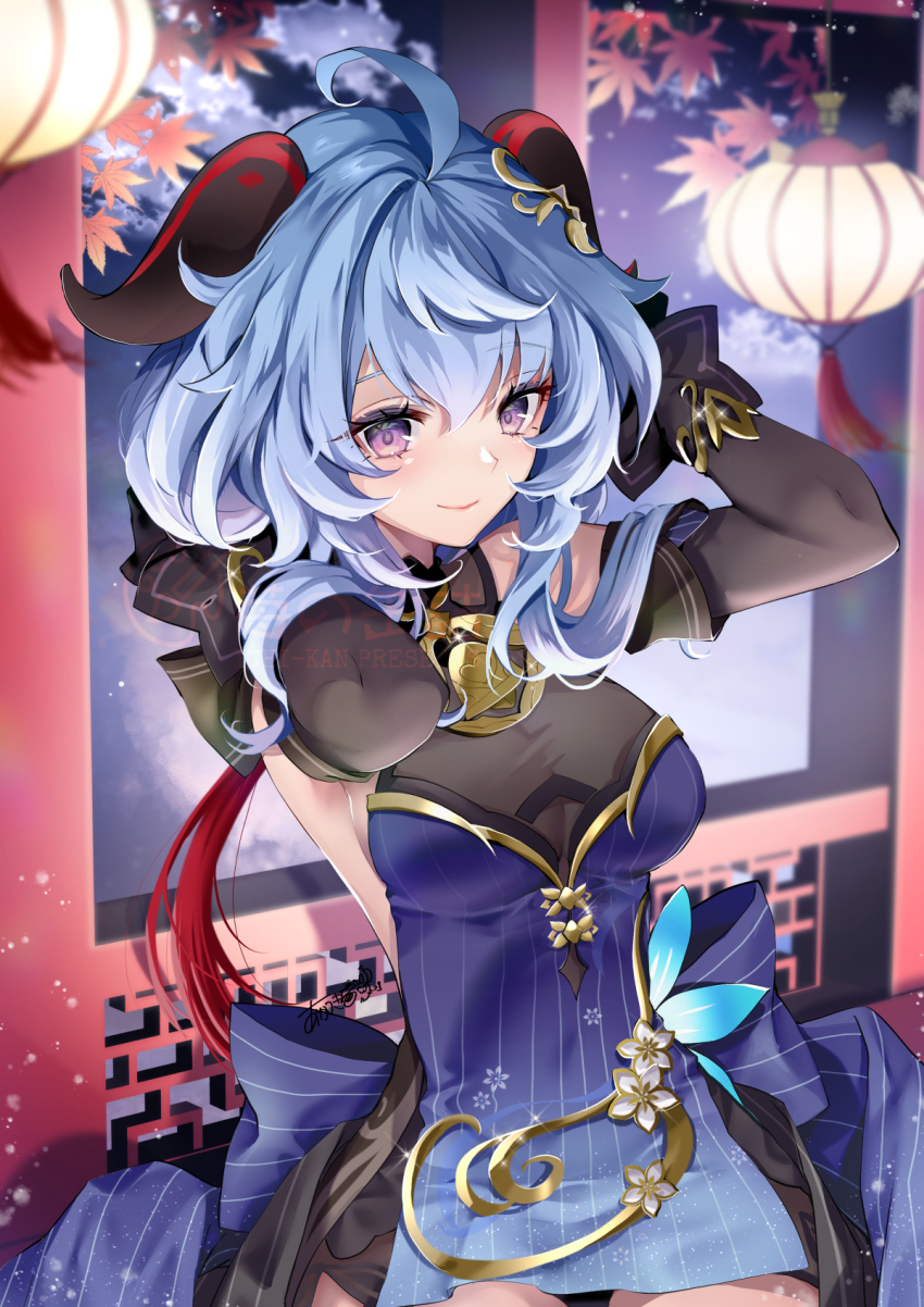 1girl ahoge akatsuki_hijiri bare_shoulders bell blue_hair blush breasts ganyu_(genshin_impact) ganyu_(twilight_blossom)_(genshin_impact) genshin_impact goat_horns highres horns large_breasts long_hair looking_at_viewer neck_bell purple_eyes smile solo