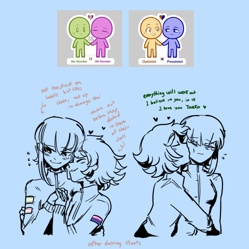 1boy 1girl :d blush celestia_ludenberg cropped_torso danganronpa:_trigger_happy_havoc danganronpa_(series) english_text fujisaki_chihiro heart hetero highres holding_hands hug interlocked_fingers kiss kissing_cheek lgbt_pride long_sleeves official_alternate_hair_length official_alternate_hairstyle open_mouth short_hair smile twinklelitchii upper_body