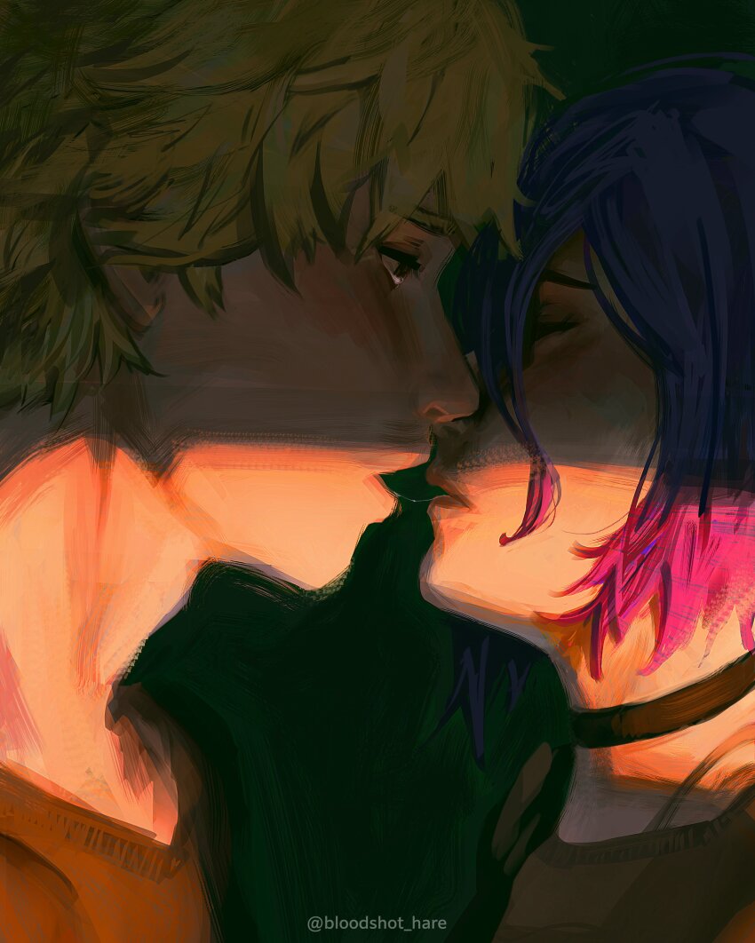 1boy 1girl absurdres after_kiss black_choker blonde_hair bloodshot_hare brown_shirt chainsaw_man choker closed_eyes denji_(chainsaw_man) hair_between_eyes hetero highres purple_hair reze_(chainsaw_man) saliva saliva_trail shirt short_hair