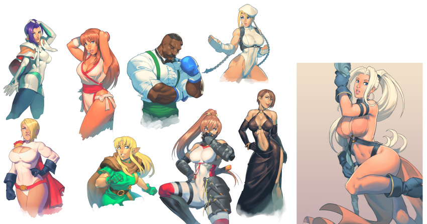 1boy 6+girls absurdres adjusting_hair alternate_color alternate_costume antenna_hair belt beret black_dress black_gloves blonde_hair blue_eyes boxing_gloves braid breasts cammy_white capcom cape character_request chuck_pires cleavage cleavage_cutout clothing_cutout collage crossover dark-skinned_male dark_skin dc_comics dead_or_alive dress dudley dungeons_&amp;_dragons:_chronicles_of_mystara elbow_gloves elf facial_hair fighting_stance gensou_suikoden gensou_suikoden_iv gloves green_gloves hair_over_one_eye hat high_ponytail highres jeane_(suikoden) kasumi_(doa) konami large_breasts leotard long_hair lucia_(chronicles_of_mystara) miang_hawwa multiple_crossover multiple_girls mustache navel navel_cutout panties pantyhose plunging_neckline pointy_ears ponytail power_girl short_hair side-tie_panties skin_tight sleeved_leotard square_enix standing street_fighter street_fighter_iii_(series) superhero_costume superman_(series) tan taut_clothes tecmo tunic twin_braids underwear very_dark_skin white_hair xenogears