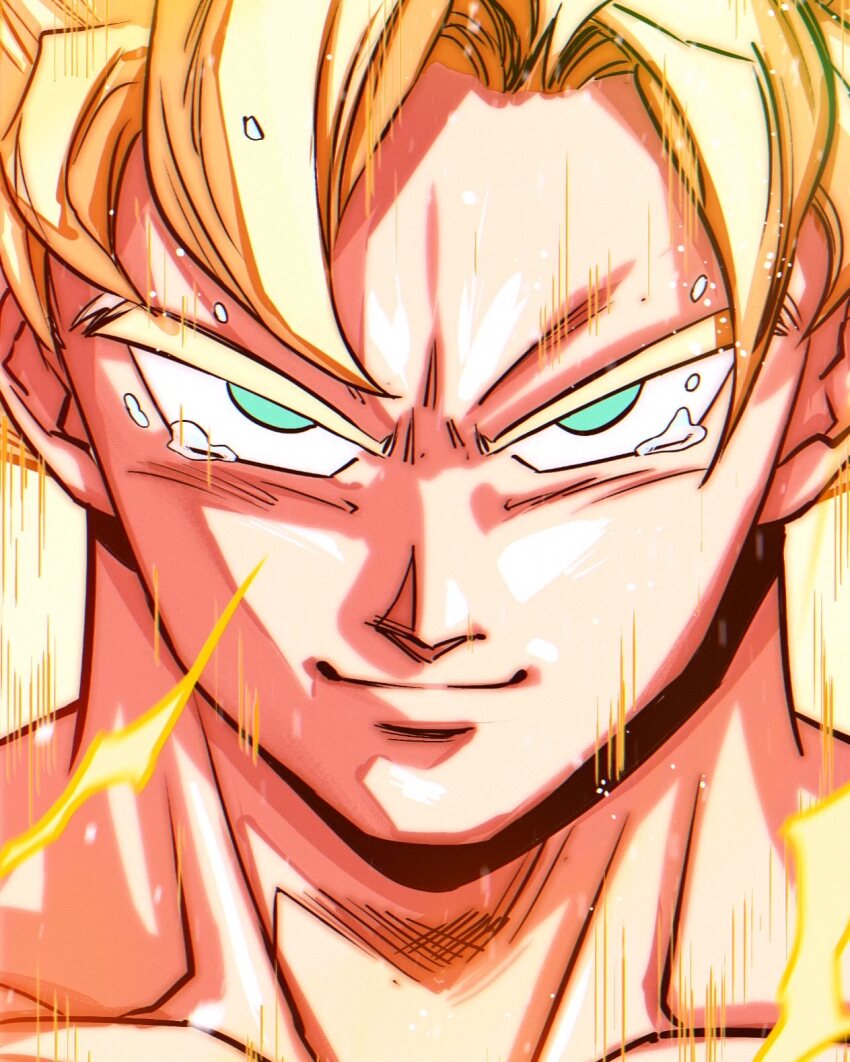 blonde_eyebrows blonde_hair close-up collarbone dragon_ball dragonball_z energy floating_tears green_eyes hair_between_eyes highres jorge_jimenez looking_at_viewer neck sidelocks smile son_goku sparks super_saiyan super_saiyan_1 tagme tears yellow_aura