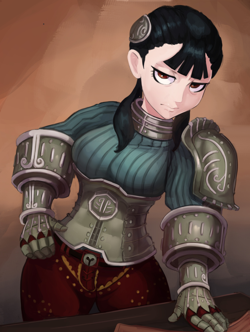 1girl absurdres armor ashei black_hair cowboy_shot cranihum drawfag frown gauntlets gloves hand_on_own_hip highres looking_at_viewer nintendo pauldrons red_eyes shoulder_armor solo sweater table the_legend_of_zelda the_legend_of_zelda:_twilight_princess twintails