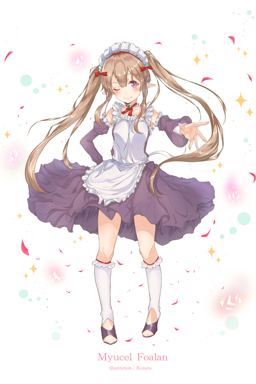 10s 1girl ;) apron blush breasts brown_hair choker collarbone detached_sleeves dress elf female_focus frilled_apron frilled_choker frilled_legwear frilled_sleeves frills full_body highres konata_(knt_banri) legs_apart long_hair looking_at_viewer maid maid_headdress myucel_foalan one_eye_closed outbreak_company pointy_ears purple_dress purple_eyes ribbon sleeveless sleeveless_dress smile solo standing twintails very_long_hair white_choker white_legwear