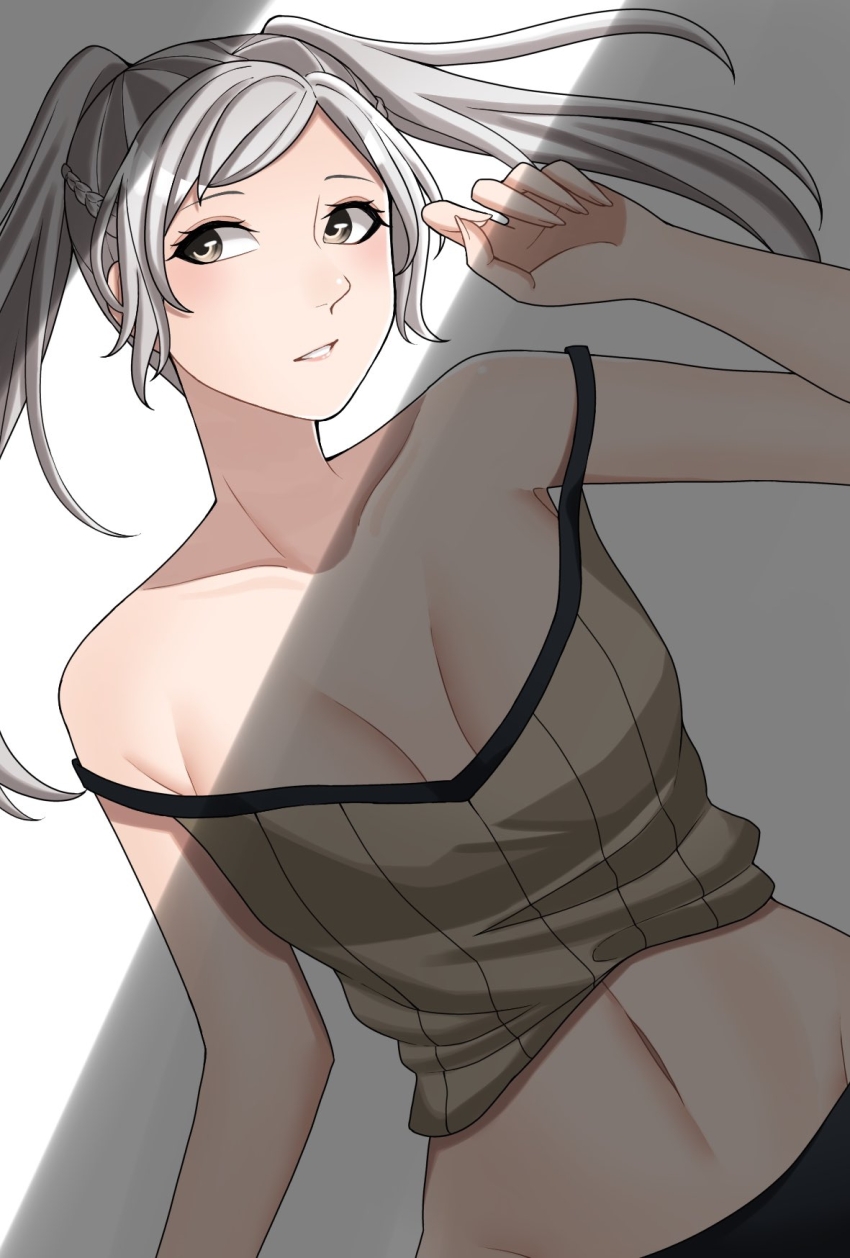 1girl ao_saryaruhu armpit_crease bare_arms bare_shoulders black_panties breasts brown_eyes cleavage clenched_hand clenched_teeth clothes_lift collarbone expressionless eyelashes female_focus female_robin_(fire_emblem) fingernails fire_emblem fire_emblem_awakening groin hand_up highres leaning_to_the_side long_hair looking_at_viewer medium_breasts midriff navel neck nintendo no_coat off-shoulder_shirt off_shoulder outstretched_arm panties panty_peek parted_lips shadow shirt shirt_lift sidelocks simple_background sleeveless sleeveless_shirt swept_bangs teeth twintails underwear white_background white_hair