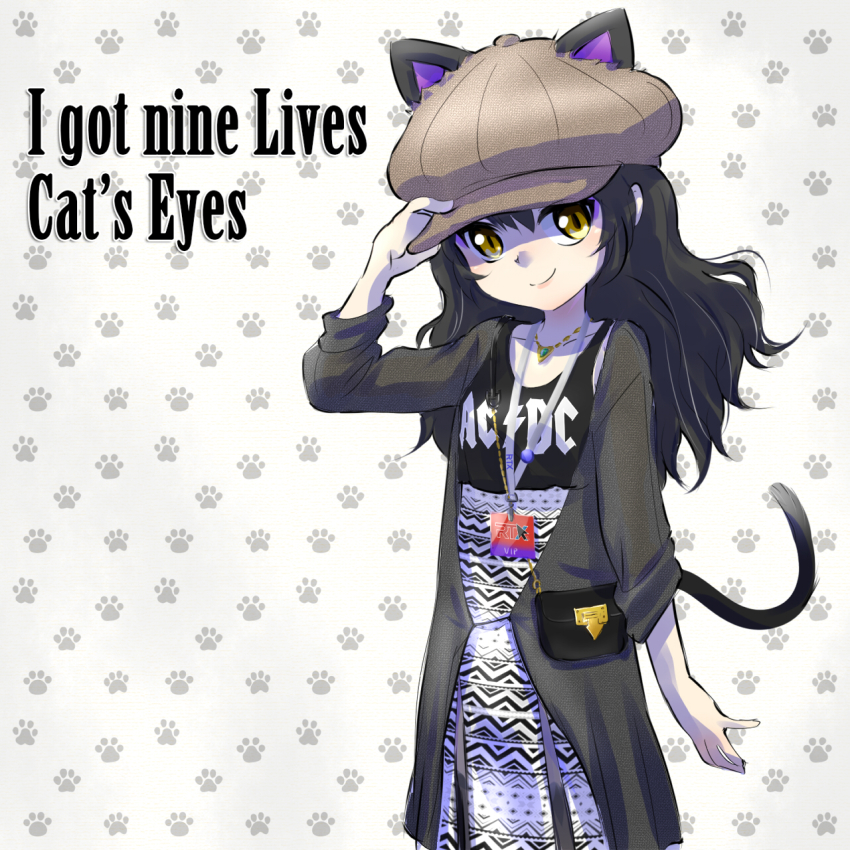 1girl acdc animal_ears bag band_shirt beret black_hair blake_belladonna cat_ears cat_girl cat_tail english_text female_focus handbag hat highres iesupa long_hair lyrics makeup merchandise paw_print rooster_teeth roosterteeth rwby smile solo tail torn_clothes yellow_eyes