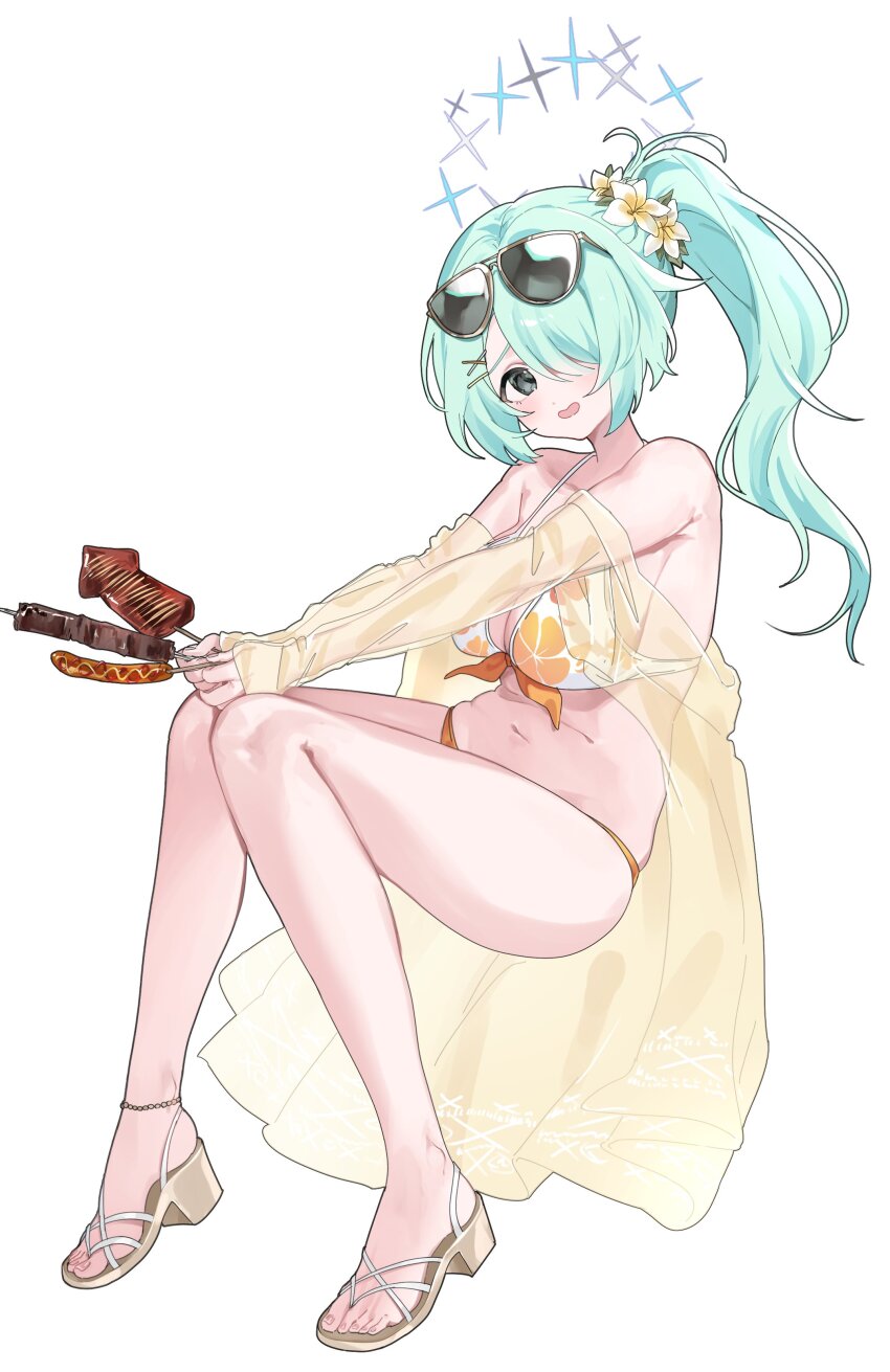 1girl absurdres aqua_hair bikini blue_archive blush breasts cleavage commentary_request eyewear_on_head floral_print flower food front-tie_bikini_top front-tie_top full_body grey_eyes hair_flower hair_ornament hair_over_one_eye hairclip halo high_side_ponytail highres hiyori_(blue_archive) hiyori_(swimsuit)_(blue_archive) holding holding_food ikayaki kameria526 knees_together_feet_apart large_breasts looking_at_viewer navel official_alternate_costume own_hands_together parted_lips sandals sausage see-through_clothes side_ponytail sideboob simple_background solo sunglasses swimsuit white_background