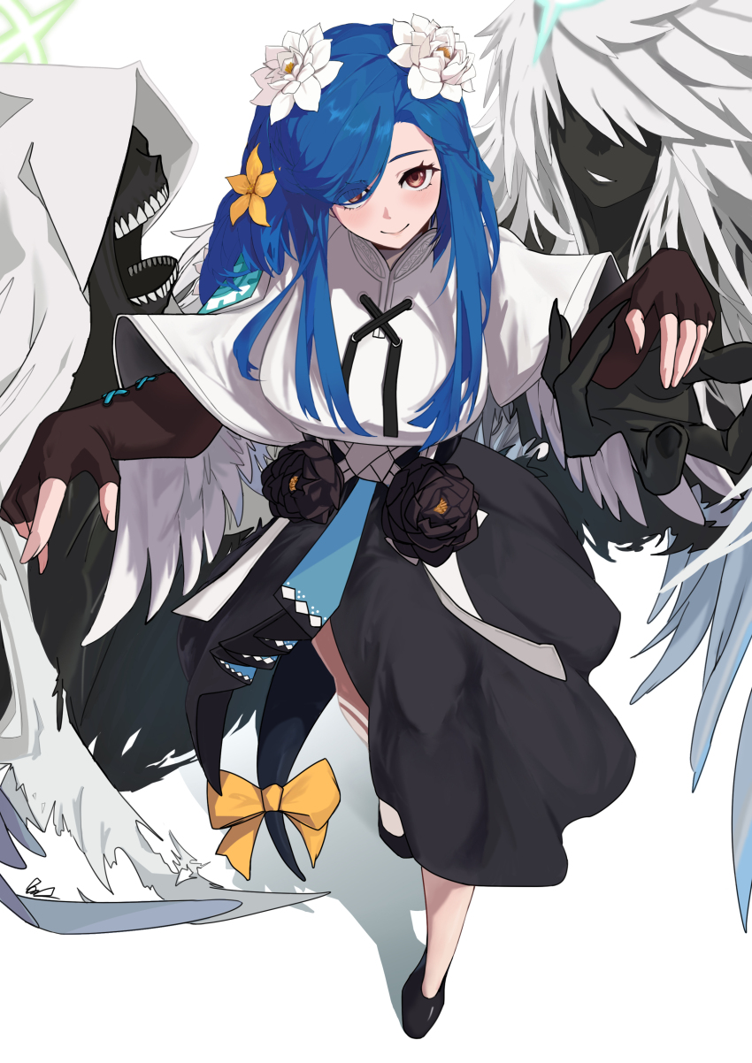 1girl absurdres angel_wings asymmetrical_legwear black_dress black_flower black_footwear black_gloves blue_hair blush breasts covered_erect_nipples crop_top dizzy_(guilty_gear) dress elbow_gloves fingerless_gloves fingernails flower front_slit gloves guilty_gear guilty_gear_strive hair_between_eyes hair_flower hair_ornament hair_over_one_eye halo high_heels highres large_breasts long_hair long_skirt looking_at_viewer mature_female necro_(guilty_gear) open_mouth red_eyes ribbon sharp_fingernails sidelocks skirt smile solo spiked_halo swept_bangs tail tail_ornament tail_ribbon tuzi_yan undine_(guilty_gear) white_flower wings yellow_flower