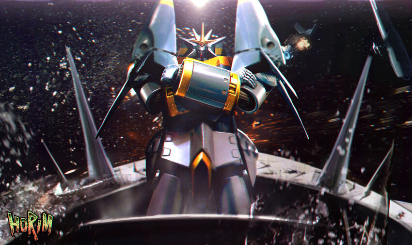 battle commentary crossed_arms damaged debris english_commentary gunbuster gunbuster_pose horim looking_at_viewer mecha no_humans realistic robot science_fiction signature space spacecraft spoilers super_robot top_wo_nerae! top_wo_nerae!_(series)