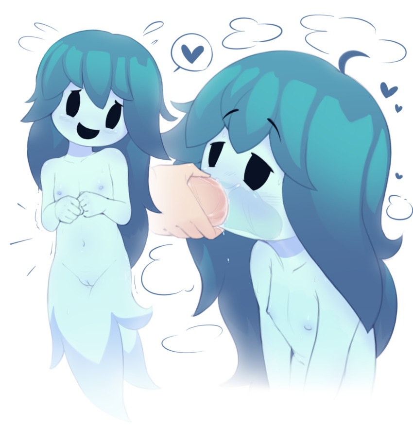 1boy 1girl ahoge blue_hair breasts cleft_of_venus collarbone cum cum_in_throat dress ghost heart hetero highres loli long_hair multiple_views nipples nude penis pussy shino_(shinokani) simple_background small_breasts smile spoken_heart spooky&#039;s_house_of_jump_scares spooky_(shojs) uncensored white_background x-ray