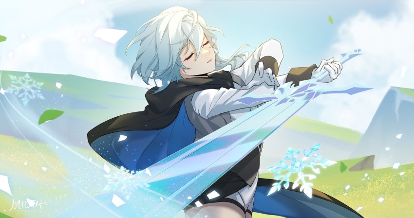 1girl artist_logo blue_hair cape closed_eyes commentary darkcatowo eula_(genshin_impact) genshin_impact gloves greatsword highres holding holding_weapon logo long_sleeves parted_lips short_hair snowflakes solo sword two-sided_cape two-sided_fabric weapon white_gloves