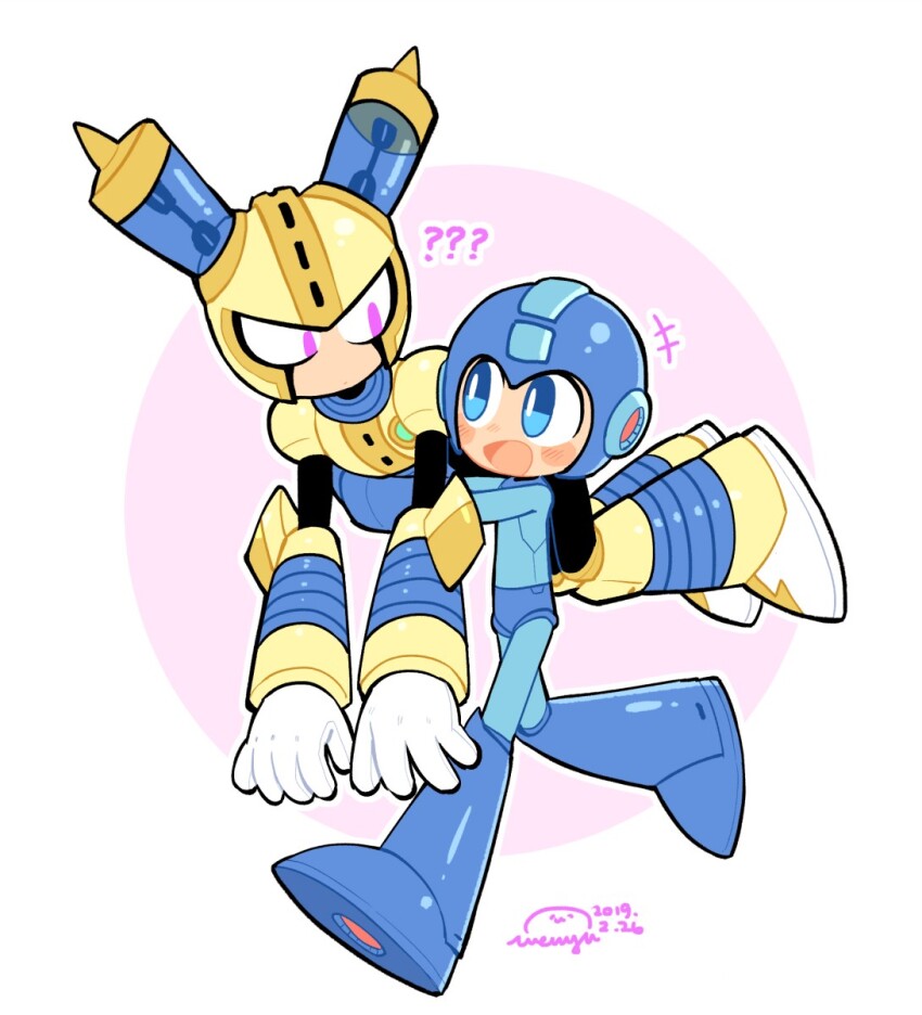 2boys ??? android armor black_bodysuit blue_armor blue_eyes blue_headwear blush bodysuit breastplate carrying carrying_over_shoulder carrying_person chibi commentary_request full_body fuse fuse_man gloves heart helmet highres joints looking_at_another male_focus mega_man_(character) mega_man_(classic) mega_man_(series) mega_man_11 multiple_boys multiple_views purple_eyes robot robot_ears robot_joints simple_background vambraces wenyu white_background white_gloves yellow_armor yellow_headwear