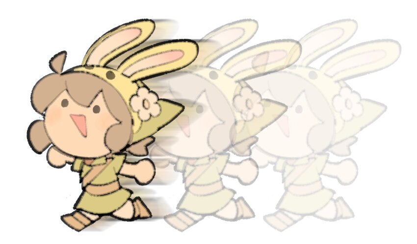 1girl :d belt blush brown_belt brown_footwear brown_hair bunny_hood_(zelda) chibi commentary cosplay english_commentary flower full_body green_hat green_tunic hat link motion_blur nintendo open_mouth original outstretched_arms running simple_background smile solo temmie_chang temmie_chang_(character) the_legend_of_zelda the_legend_of_zelda:_majora&#039;s_mask tunic white_background white_flower young_link young_link_(cosplay)