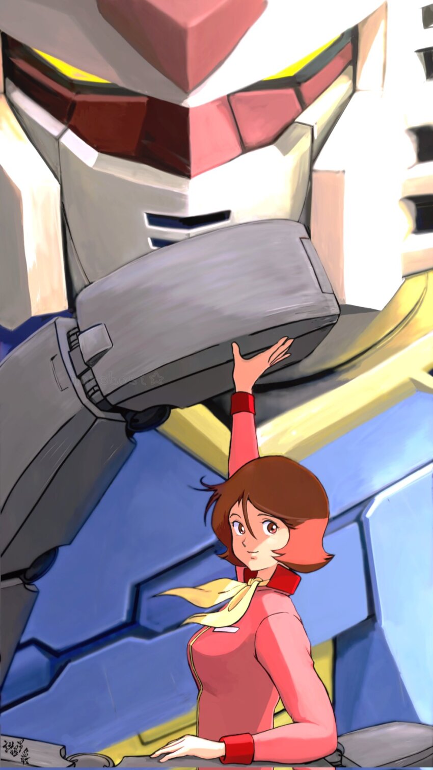 1girl brown_eyes brown_hair closed_mouth commentary_request fraw_bow gundam highres mecha medium_hair mobile_suit mobile_suit_gundam moroboshi_danshaku neckerchief pink_shirt robot rx-78-2_gundam shirt smile solo yellow_neckerchief