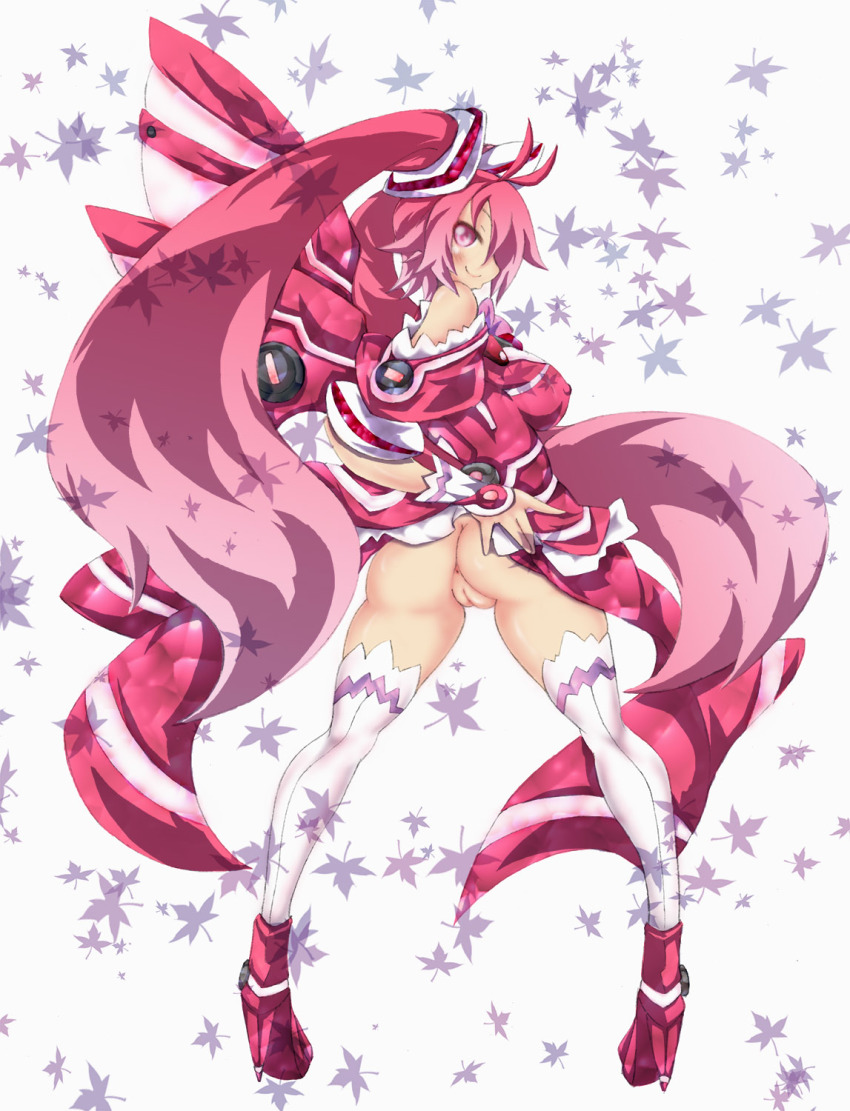 1girl anus ass bare_shoulders cleft_of_venus covered_erect_nipples dress female_focus from_behind grabbing_own_ass high_heels highres long_hair looking_at_viewer looking_back no_panties pink_dress pussy red_eyes red_hair smile solo thighhighs twintails vividred vividred_operation white_thighhighs xiaoking
