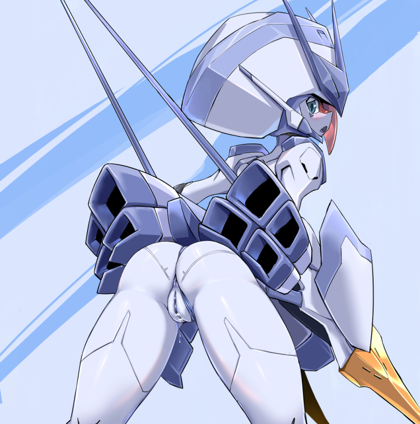 1girl anus ass bent_over blush cleft_of_venus colored_skin darling_in_the_franxx delphinium_(darling_in_the_franxx) from_behind green_eyes hat looking_back open_mouth pochincoff pussy pussy_juice robot sideways_glance solo white_skin