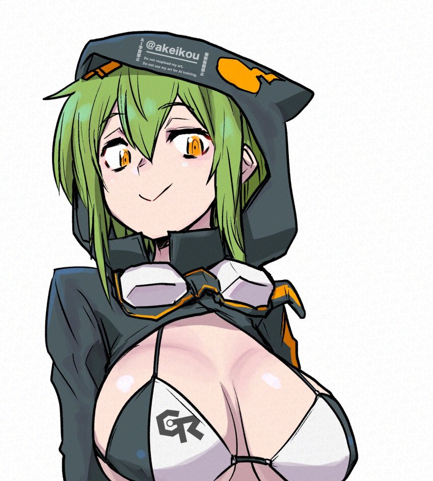 1girl akeikou bikini black_bikini black_jacket digimon digimon_world_re:digitize green_eyes highres hood hood_up hooded_jacket jacket multicolored_bikini open_clothes open_shirt orange_eyes shinomiya_rina simple_background solo swimsuit two-tone_bikini upper_body white_background white_bikini