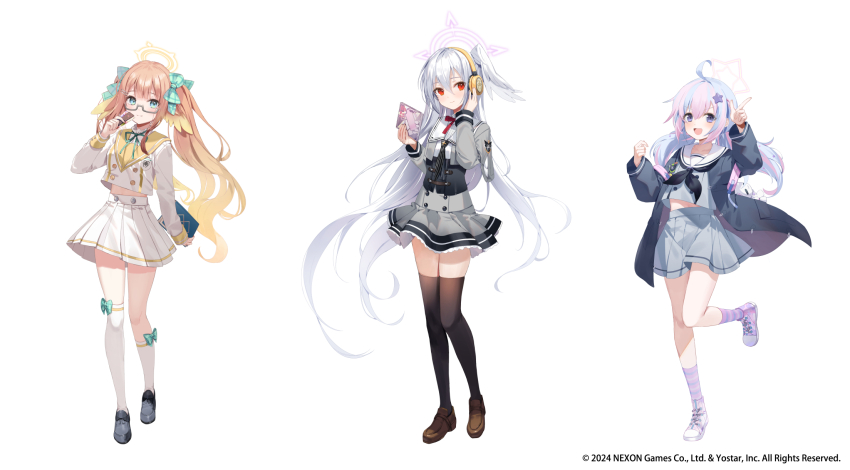 3girls ahoge asymmetrical_legwear black_footwear black_thighhighs blonde_hair blue_archive blue_hair bow bow_legwear brown_footwear closed_mouth cross-laced_footwear glasses green_bow grey_hair grey_shirt grey_skirt hair_between_eyes halo head_wings highres kanda_done kneehighs loafers long_hair long_sleeves looking_at_viewer multicolored_hair multiple_girls official_art orange_hair over-kneehighs pink_hair purple_footwear red_eyes reisa_(blue_archive) sailor_collar school_uniform shimiko_(blue_archive) shirt shoes simple_background skirt smile socks standing streaked_hair striped_clothes striped_socks suzumi_(blue_archive) thighhighs twintails uneven_legwear white_background white_shirt white_skirt white_socks white_thighhighs wings yellow_sailor_collar zettai_ryouiki