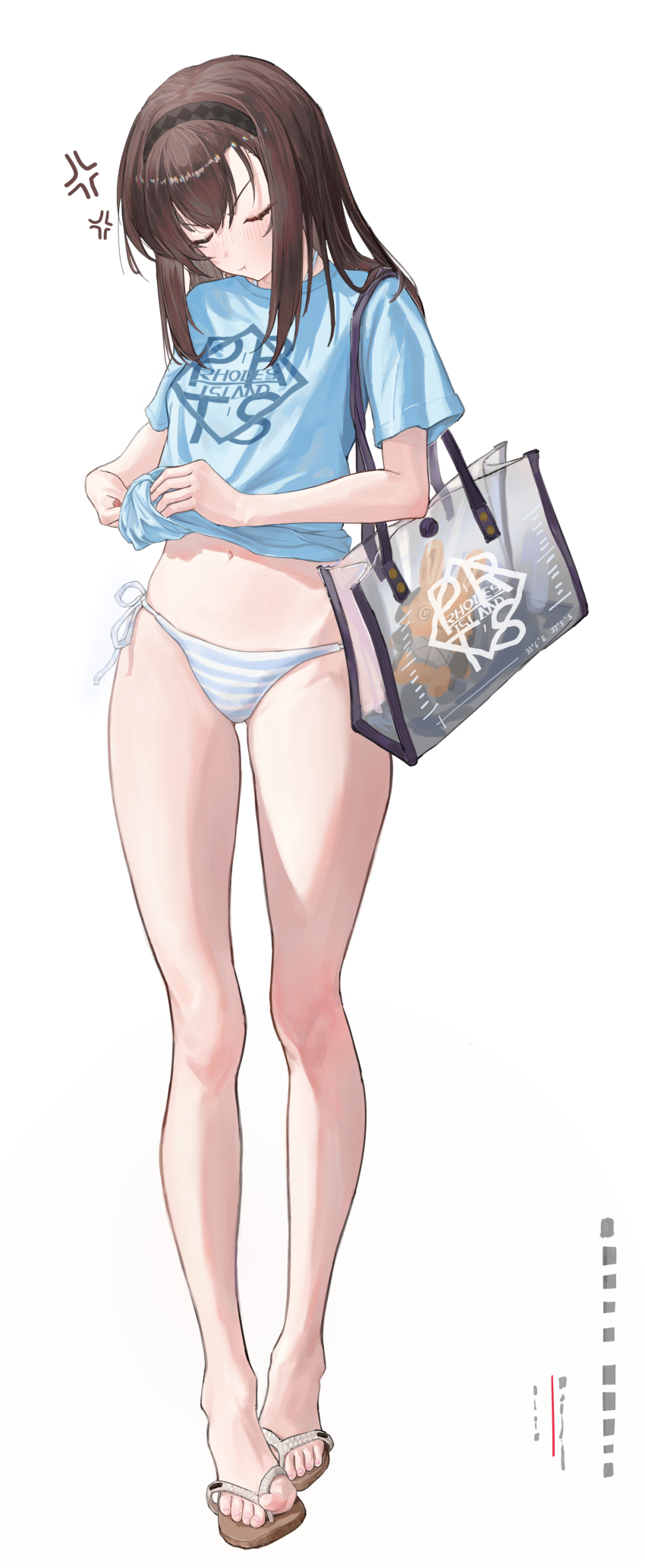 1girl absurdres alternate_costume anger_vein annoyed arknights bag bikini black_hairband blue_bikini blue_shirt blush brown_hair brown_sandals chinese_commentary closed_eyes closed_mouth clothes_writing commentary_request feet frown full_body gn_tuituji hairband highres medium_hair navel pout priestess_(arknights) prts_logo_(arknights) sandals shirt short_sleeves side-tie_bikini_bottom simple_background solo standing striped_bikini striped_clothes swimsuit t-shirt toenails toes transparent_bag white_background white_bikini