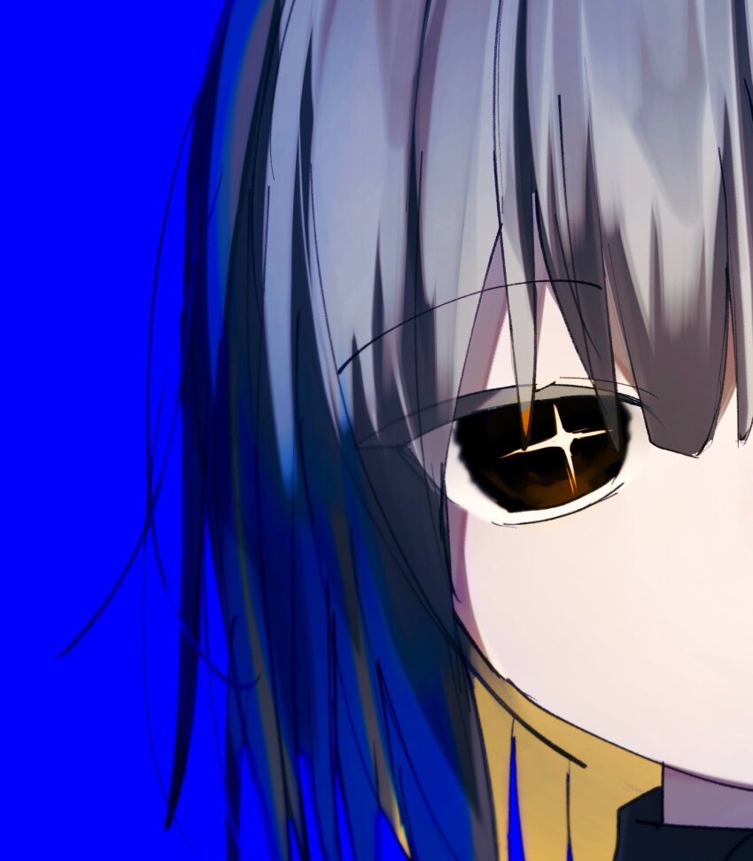 +_+ 1other black_eyes black_sweater blonde_hair blue_background bright_pupils close-up colored_eyelashes colored_inner_hair commentary_request frisk_(undertale) grey_hair hair_between_eyes highres kurobarashan looking_at_viewer multicolored_hair no_mouth other_focus portrait short_hair simple_background solo sweater tsurime turtleneck turtleneck_sweater two-tone_hair undertale unusually_open_eyes utdr_(toby_fox) yellow_pupils