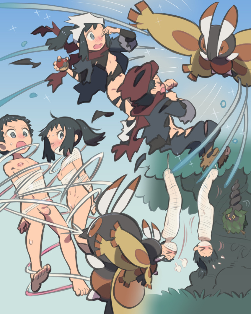 1boy 1girl absurdres akari_(pokemon) black_hair commentary_request commission completely_nude galaxy_expedition_team_survey_corps_uniform gen_4_pokemon hat highres kinni loli mothim multiple_views mummification_(bound) nintendo nude pixiv_commission pokemon pokemon_(creature) pokemon_legends:_arceus ponytail red_hat rei_(pokemon) short_hair shota torn_clothes tree
