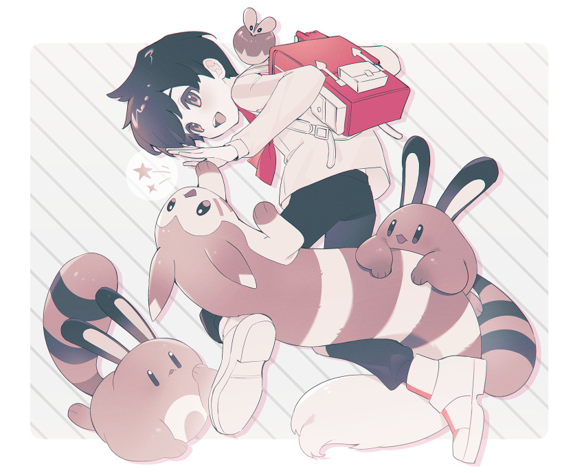 1boy absurdres applin backpack bag florian_(pokemon) furret gen_2_pokemon gen_8_pokemon habu_(seiho_1334) highres long_sleeves male_focus monochrome neckerchief nintendo open_mouth pants pokemon pokemon_(creature) pokemon_sv randoseru sentret shoes simple_background spot_color star_(symbol)