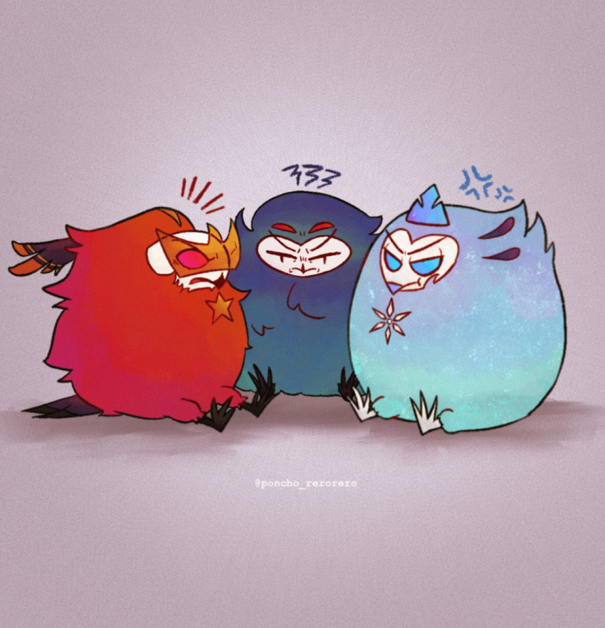 3boys andrealphus_(helluva_boss) bird bird_boy blue_eyes blue_feathers demon_boy extra_eyes feathers grey_feathers helluva_boss highres multiple_boys owl owl_boy red_eyes red_feathers rzps3455 sitting stolas_(helluva_boss) vassago_(helluva_boss)