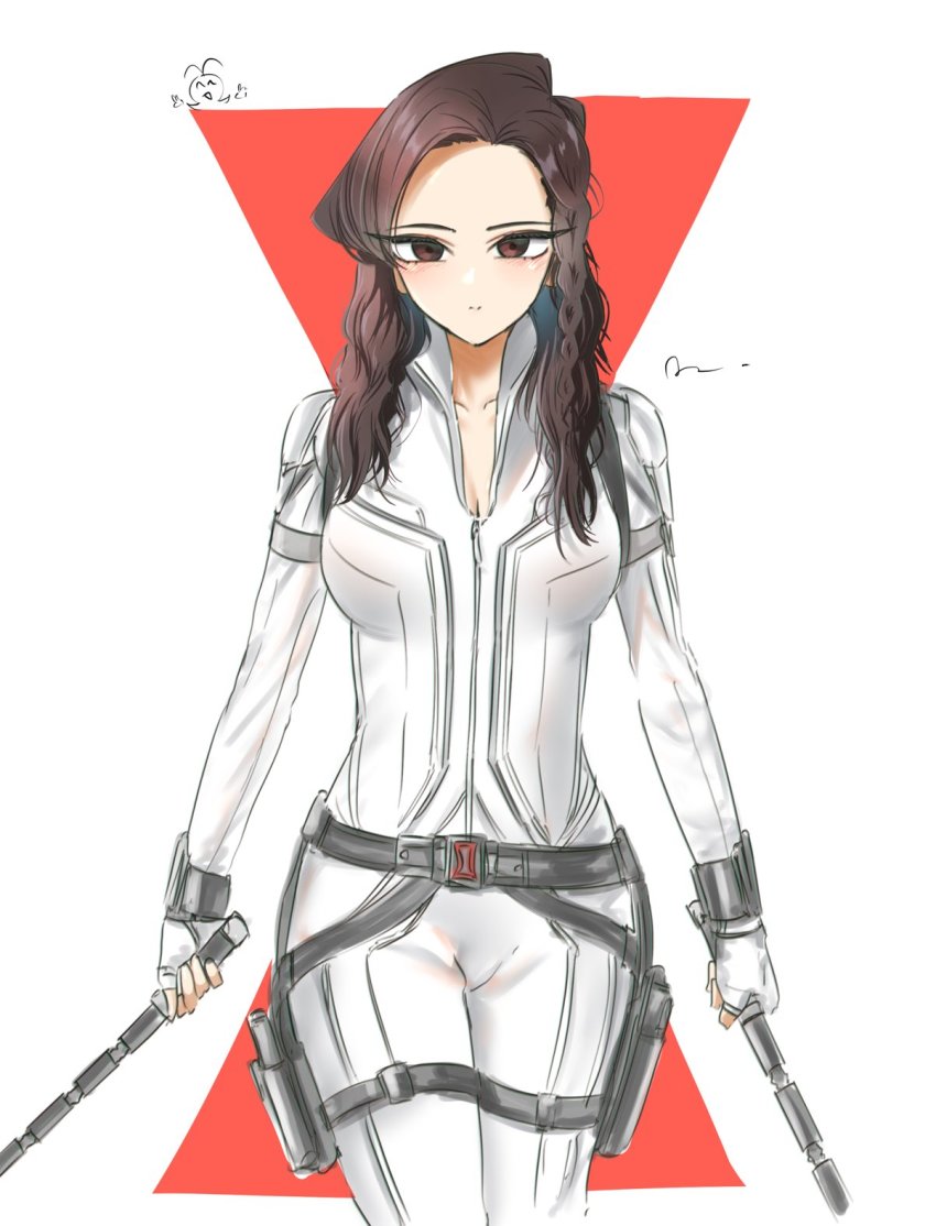 1girl black_widow black_widow_(cosplay) black_widow_(film) bodysuit braid breasts brown_eyes brown_hair commentary_request cosplay dual_wielding eyes_visible_through_hair fingerless_gloves gloves highres holding holster komi-san_wa_komyushou_desu komi_shouko large_breasts long_hair looking_at_viewer marvel marvel_cinematic_universe mitsugu side_braid simple_background single_braid solo thigh_holster white_background white_bodysuit white_gloves