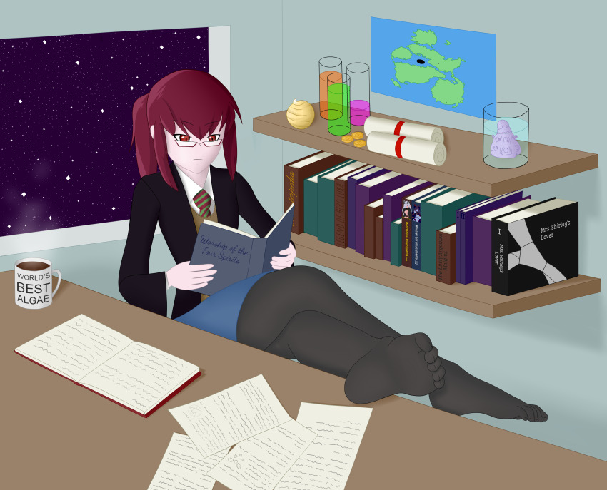 1girl absurdres aged_down ball black_coat black_pantyhose blue_skirt book brown_sweater_vest closed_mouth coat coffee coin commentary crossed_legs cup demon_(monster_girl_encyclopedia) diagonal-striped_clothes diagonal-striped_necktie distortedlizard english_commentary english_text expressionless feet feet_on_table fifty_shades_of_grey full_body green_necktie highres holding holding_book indoors jar legs lilim_(monster_girl_encyclopedia) long_hair long_sleeves map_(object) mon-musu_quest! mon-musu_quest:_paradox monster_girl_encyclopedia monster_girl_encyclopedia_ii mug necktie no_shoes open_book pantyhose paper ponytail promestein reading red-framed_eyewear red_eyes red_hair red_necktie scroll semi-rimless_eyewear shadow shelf shirt sitting skirt soles solo space star_(sky) striped_clothes striped_necktie sweater_vest table tamamo_(mon-musu_quest!) tentacles the_elder_scrolls toenails toes under-rim_eyewear variant_set vial white_shirt window