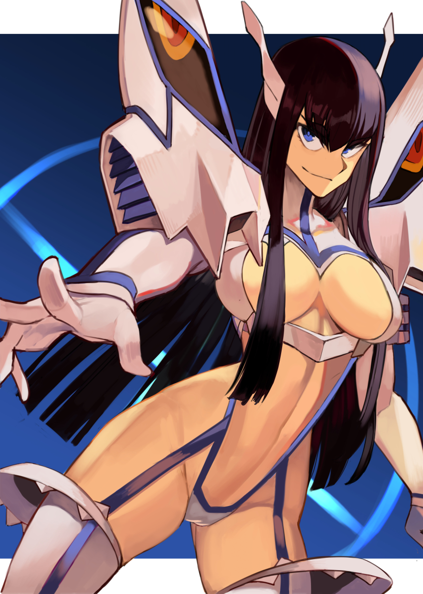 1girl absurdres alwaysregg black_hair blue_background blue_eyes breasts cameltoe center_opening cleavage_cutout clothing_cutout cowboy_shot fighting_stance gloves hair_ornament highres junketsu kamui_(kill_la_kill) kill_la_kill kiryuuin_satsuki large_breasts life_fiber long_hair looking_to_the_side navel revealing_clothes sidelocks smile smug solo stomach thighhighs underbust white_gloves white_thighhighs