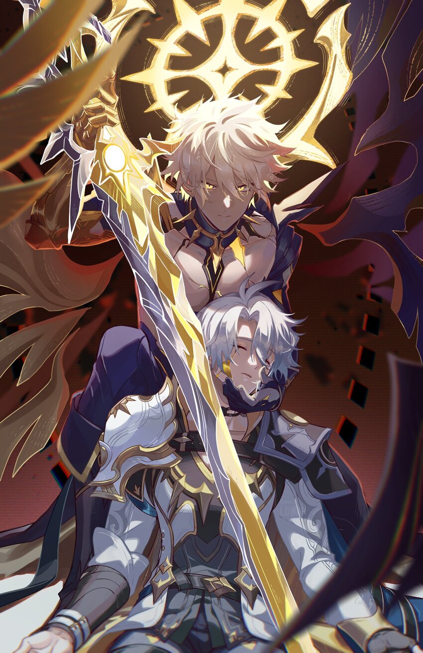 2boys alternate_form antenna_hair armor asymmetrical_wings bare_pectorals black_choker black_gloves black_shirt black_wings blonde_hair blue_cape cape choker closed_eyes coat commentary cracked_skin english_commentary gloves hair_between_eyes halo halo_behind_head hand_on_another&#039;s_face highres holding holding_sword holding_weapon honkai:_star_rail honkai_(series) lowah male_focus material_growth multiple_boys parted_bangs pauldrons pectorals phainon_(honkai:_star_rail) shirt short_hair shoulder_armor single_glove single_pauldron sword torn_clothes torn_shirt weapon white_coat white_hair wings yellow_blood yellow_eyes yellow_wings