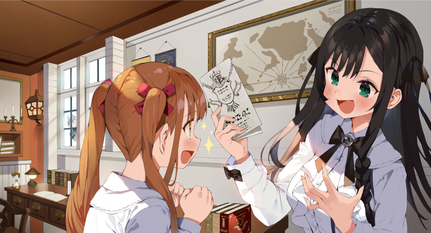 1other 2girls :d absurdres alina_clover black_hair black_ribbon blush book breasts brown_eyes brown_hair candle gaou_(umaiyo_puyoman) green_eyes guild_no_uketsukejou_desu_ga_zangyou_wa_iya_nanode_boss_wo_solo_toubatsu_shiyou_to_omoimasu highres indoors jade_scrade laila_(girumasu) lamp long_hair multiple_girls novel_illustration official_art open_mouth orange_hair ribbon second-party_source shirt smile twintails white_shirt window