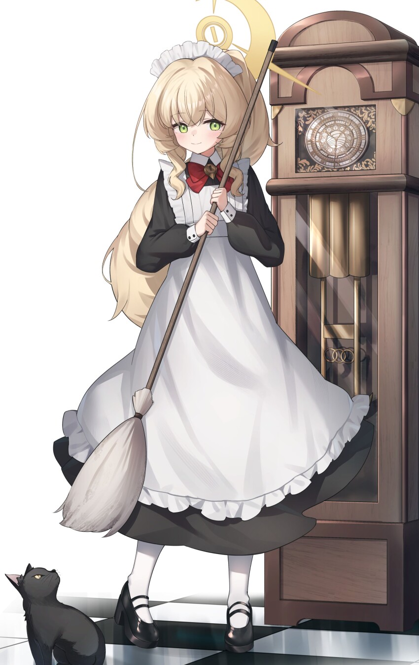 1girl absurdres alternate_costume apron black_cat black_dress black_shoes blonde_hair blue_archive bow bowtie broom cat ciza_gomi clock closed_mouth dress frilled_apron frills full_body grandfather_clock green_eyes halo highres holding holding_broom long_hair long_legs long_sleeves looking_to_the_side maid maid_headdress mary_janes pantyhose professor_niyaniya_(blue_archive) red_bow red_bowtie shoes side_ahoge smile solo white_apron white_background white_pantyhose yellow_halo