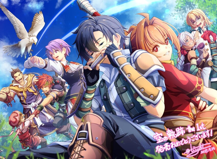 4boys 4girls agate_crosner ahoge antenna_hair arm_guards ascot bird blue_eyes blue_sky bo_staff boots braid brooch brown_eyes brown_hair closed_eyes cloud dark-skinned_female dark_skin dated double-parted_bangs eagle eiyuu_densetsu estelle_bright facial_mark fingerless_gloves forehead_mark gloves green_headband grin hair_between_eyes hair_intakes hair_ornament hair_slicked_back hairpin harmonica hat headband holding holding_hands holding_staff holding_weapon instrument jewelry joshua_bright kloe_rinz long_hair long_sleeves multiple_boys multiple_girls music neckerchief olivert_reise_arnor one_eye_closed open_mouth outdoors parted_bangs playing_instrument red_eyes red_neckerchief scarf scherazard_harvey short_sleeves signature single_braid sitting sky smile sora_no_kiseki staff tinybiard tita_russell twitter_username weapon white_ascot white_hair yellow_eyes yellow_scarf zin_vathek