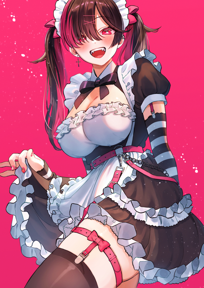 1girl :d absurdres apron asymmetrical_bangs black_dress black_hair black_thighhighs blush borrowed_character breasts bun_(jewd5385) cleavage collared_dress commission cross cross_earrings detached_sleeves dress earrings fangs framed_breasts frilled_apron frills hair_ornament hair_over_one_eye hair_ribbon hairclip highres jewelry large_breasts legwear_garter maid maid_headdress open_mouth original pink_background pink_eyes pink_ribbon ribbon short_dress skeb_commission smile solo striped_sleeves swept_bangs teeth thighhighs twintails underbust upper_teeth_only waist_apron white_apron