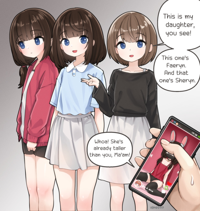 1boy 3girls animal_ears black_panties black_shirt black_shorts black_thighhighs blue_eyes blue_shirt brown_hair camisole cellphone comodox english_text faeryn_(comodox) fake_animal_ears highres jacket long_hair looking_at_viewer mask mother_and_daughter mouth_mask multiple_girls open_mouth original panties phone pov rabbit_ears red_camisole red_jacket sheryn_(comodox) shirt short_hair shorts siblings sisters skirt smartphone smile sweatdrop thighhighs twintails underwear white_shirt white_skirt