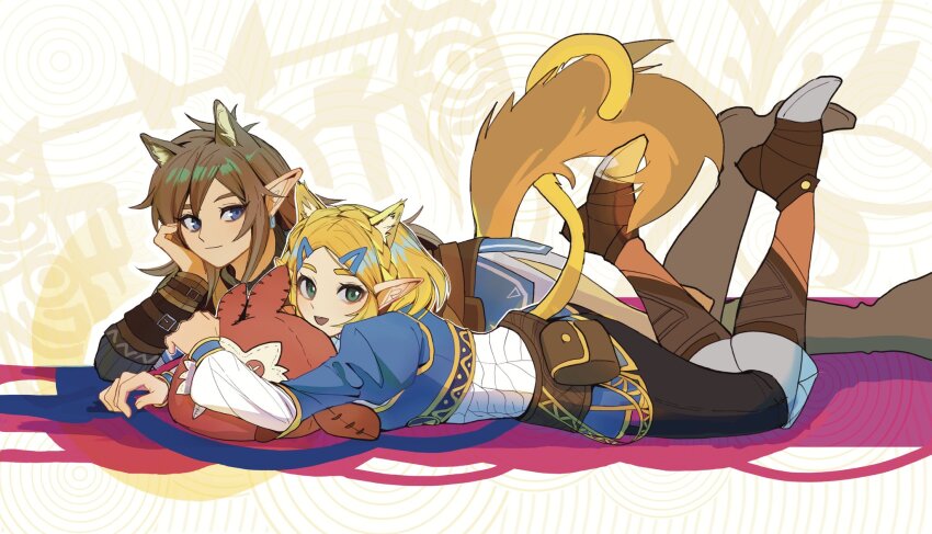 1boy 1girl :d animal_ears black_pants blonde_hair blue_eyes boots brown_bag brown_footwear brown_hair cat_ears cat_girl cat_tail earrings from_side hair_ornament hairclip highres jewelry juliet_sleeves knee_boots link long_sleeves lying nintendo on_stomach open_mouth pants parted_bangs pointy_ears pouch princess_zelda puffy_sleeves shuo_yue smile stuffed_owl tail the_legend_of_zelda the_legend_of_zelda:_tears_of_the_kingdom wolf_boy wolf_ears wolf_tail