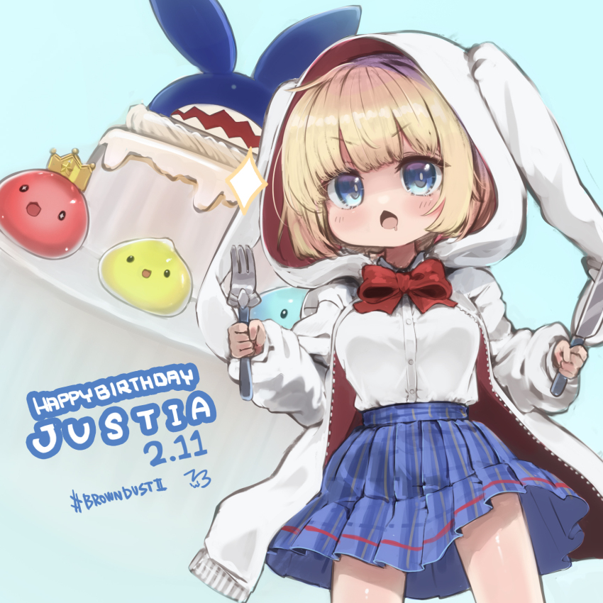 1girl animal_ear_hood blonde_hair blue_background blue_eyes blue_skirt blush blush_stickers bow bowtie breasts brown_dust_(series) brown_dust_2 cake copyright_name crown drooling english_text eyebrows_hidden_by_hair fake_animal_ears food fork happy_birthday hashtag highres hiro1417 holding holding_fork holding_knife hood justia_(brown_dust) justia_(kendo_club)_(brown_dust) knife large_breasts layer_cake looking_at_viewer mini_crown mouth_drool open_mouth red_bow red_bowtie shirt short_hair simple_background skirt slime_(creature) solo sparkle twing_glutti upper_body white_hood white_shirt