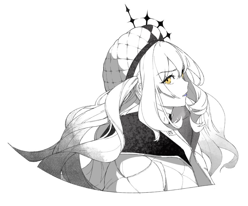 1girl blue_lips commentary cropped_torso fate/grand_order fate_(series) from_side greyscale hat highres jacket looking_at_viewer marie_antoinette_alter_(fate) marie_antoinette_alter_(first_ascension)_(fate) marie_antoinette_(fate) marie_antoinette_alter_(fate) marie_antoinette_alter_(first_ascension)_(fate) medium_hair monochrome parted_lips partially_colored simple_background solo twintails upper_body yellow_eyes yukkuri_(fumoyun)