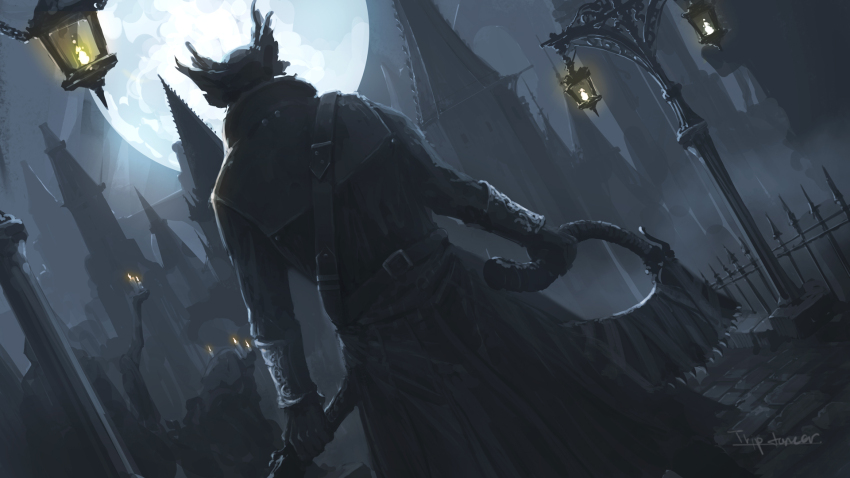 1boy artist_name bloodborne facing_away fence from_behind gloves gun hat highres holding holding_gun holding_weapon hunter_(bloodborne) lamp moon night outdoors saw saw_cleaver solo tricorne tripdancer weapon