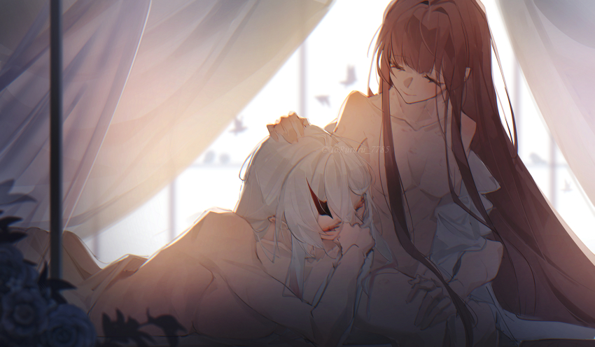 2girls absurdres bed bird breasts canopy_bed closed_eyes closed_mouth commentary_request counter:side hand_on_another&#039;s_head hickey highres incest large_breasts long_hair medium_breasts multiple_girls nanahara_chifuyu nanahara_chinatsu nude on_bed purple_hair shirt siblings sisters smile twitter_username white_hair white_shirt yorururu yuri